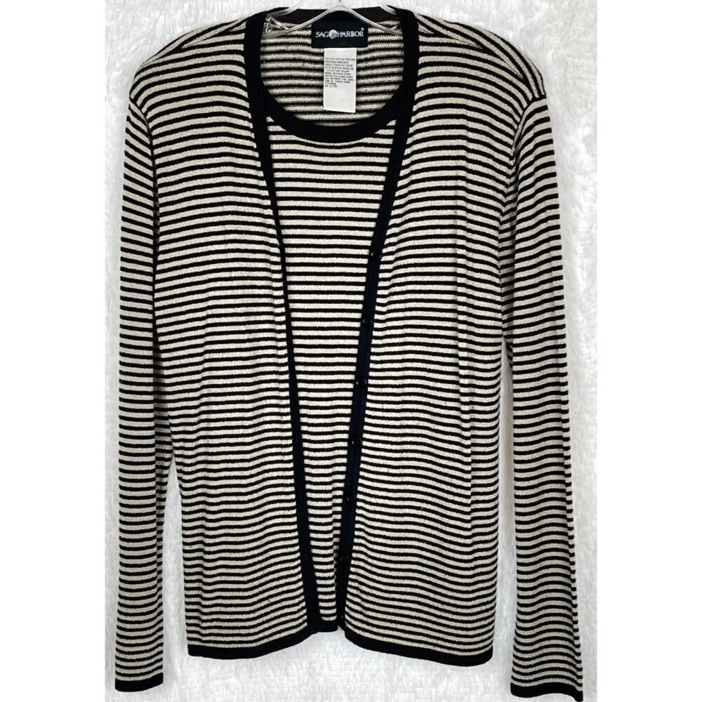 Sag Harbor Medium Long Sleeve One Piece Layered Look Top Tan Black Stripes